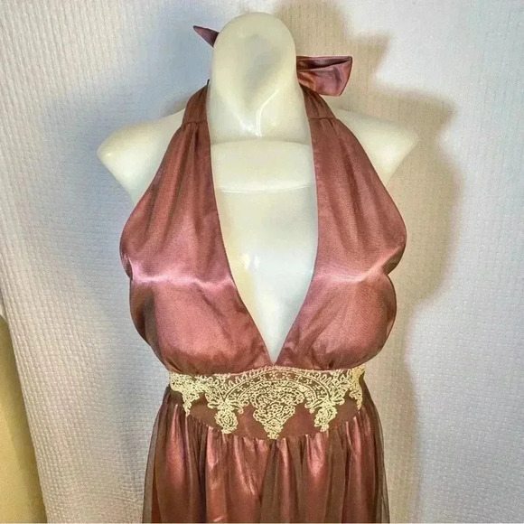 Women 8 Sexy Goth Witchy Formal Adrianna Papell Mesh Overlay Halter Dress Salmon - Picture 8 of 16